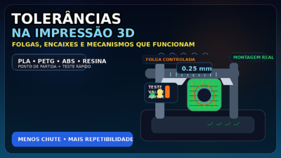 Calibrador medindo peça impressa em 3D com foco em tolerâncias e encaixes