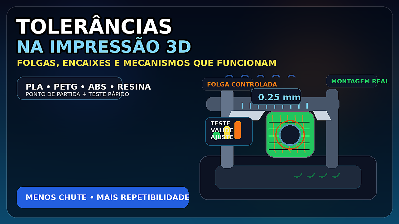 Calibrador medindo peça impressa em 3D com foco em tolerâncias e encaixes
