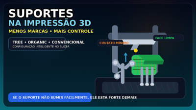 Ilustração de peça impressa em 3D com suportes e nozzle da impressora