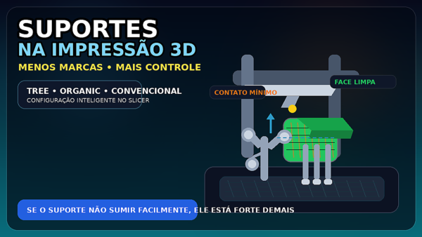 Ilustração de peça impressa em 3D com suportes e nozzle da impressora