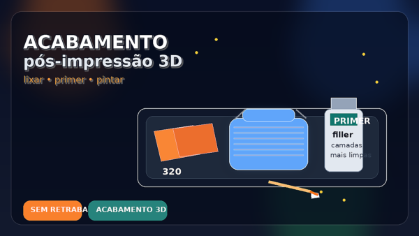 Composição visual de peça impressa em 3D, lixas, primer e spray de pintura em bancada maker, ilustrando acabamento pós-impressão.
