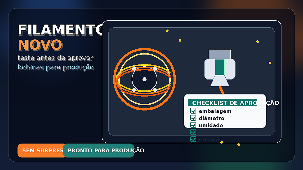 Bobina de filamento, checklist de aprovação e elementos de impressão 3D em uma composição tecnológica para testar material novo antes da produção.