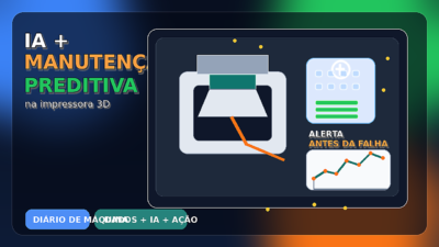 Bancada com impressora 3D, gráfico de monitoramento e ícone de inteligência artificial representando manutenção preditiva.