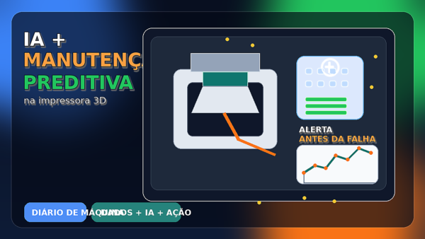Bancada com impressora 3D, gráfico de monitoramento e ícone de inteligência artificial representando manutenção preditiva.