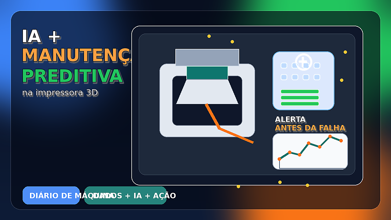 Bancada com impressora 3D, gráfico de monitoramento e ícone de inteligência artificial representando manutenção preditiva.