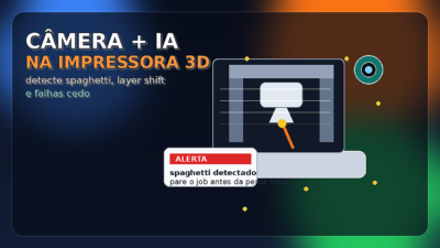 Impressora 3D monitorada por câmera e inteligência artificial, com alerta visual de falha precoce e peças em impressão ao fundo.