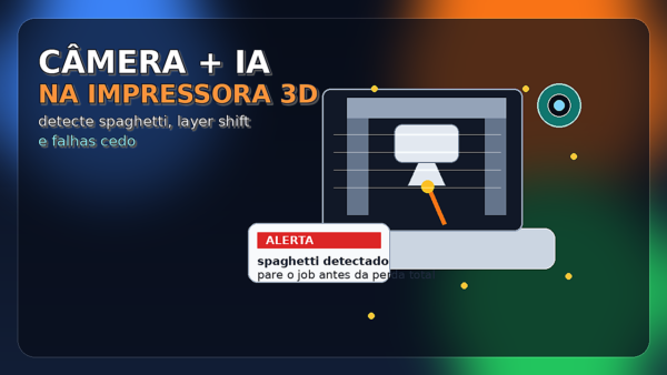 Impressora 3D monitorada por câmera e inteligência artificial, com alerta visual de falha precoce e peças em impressão ao fundo.