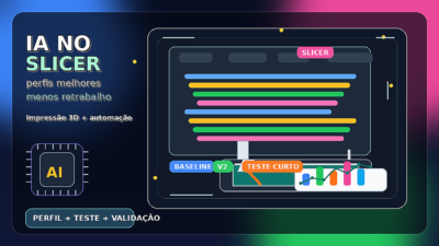 Ilustração de slicer com impressora 3D, painel de IA e gráfico de ajustes de perfil para otimização de impressão.