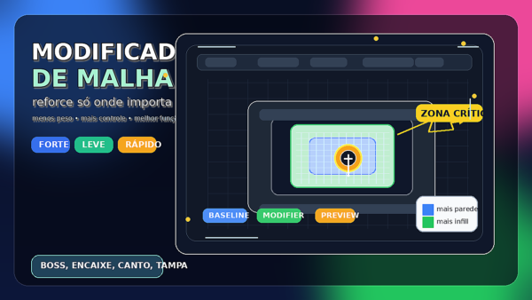 Ilustração de peça impressa em 3D com modificador de malha destacando a zona crítica de reforço no slicer