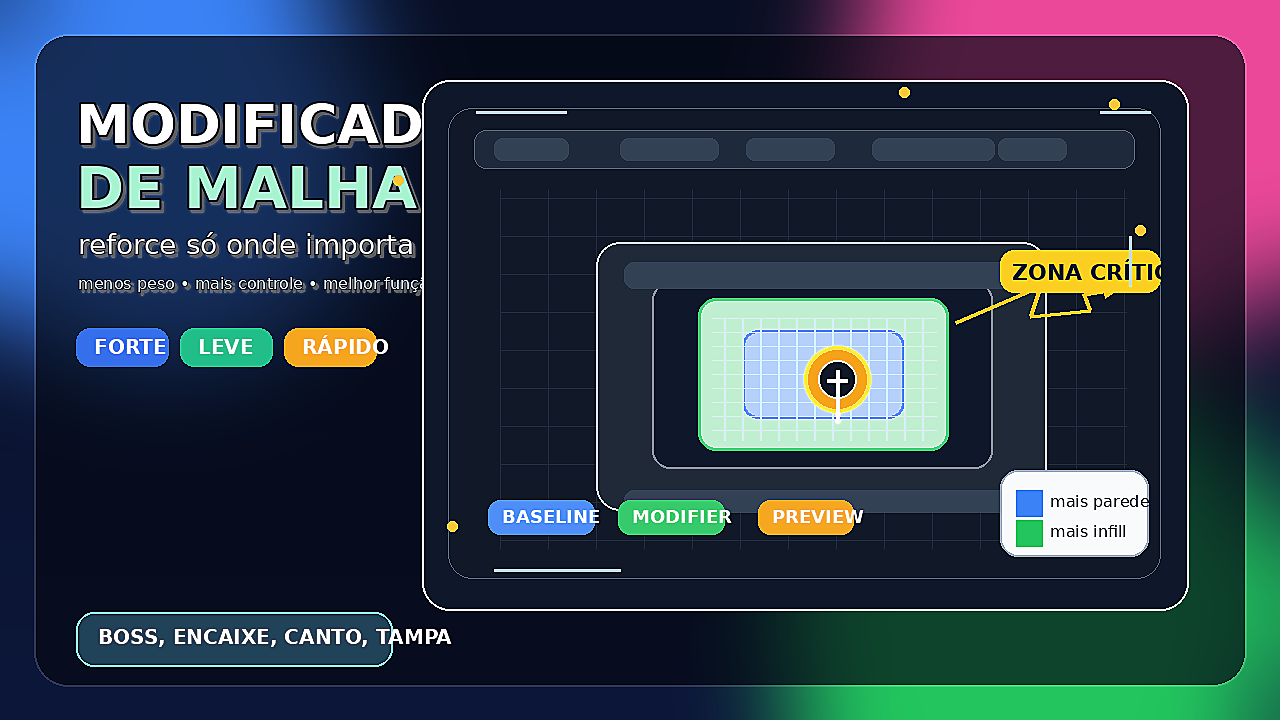 Ilustração de peça impressa em 3D com modificador de malha destacando a zona crítica de reforço no slicer