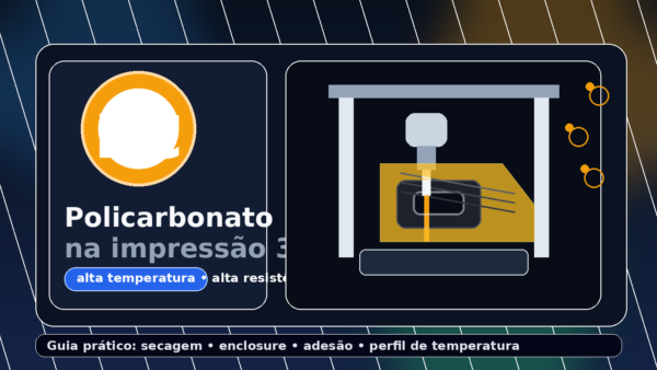 Ilustração de impressão 3D em policarbonato dentro de enclosure, com destaque para PC e resistência térmica