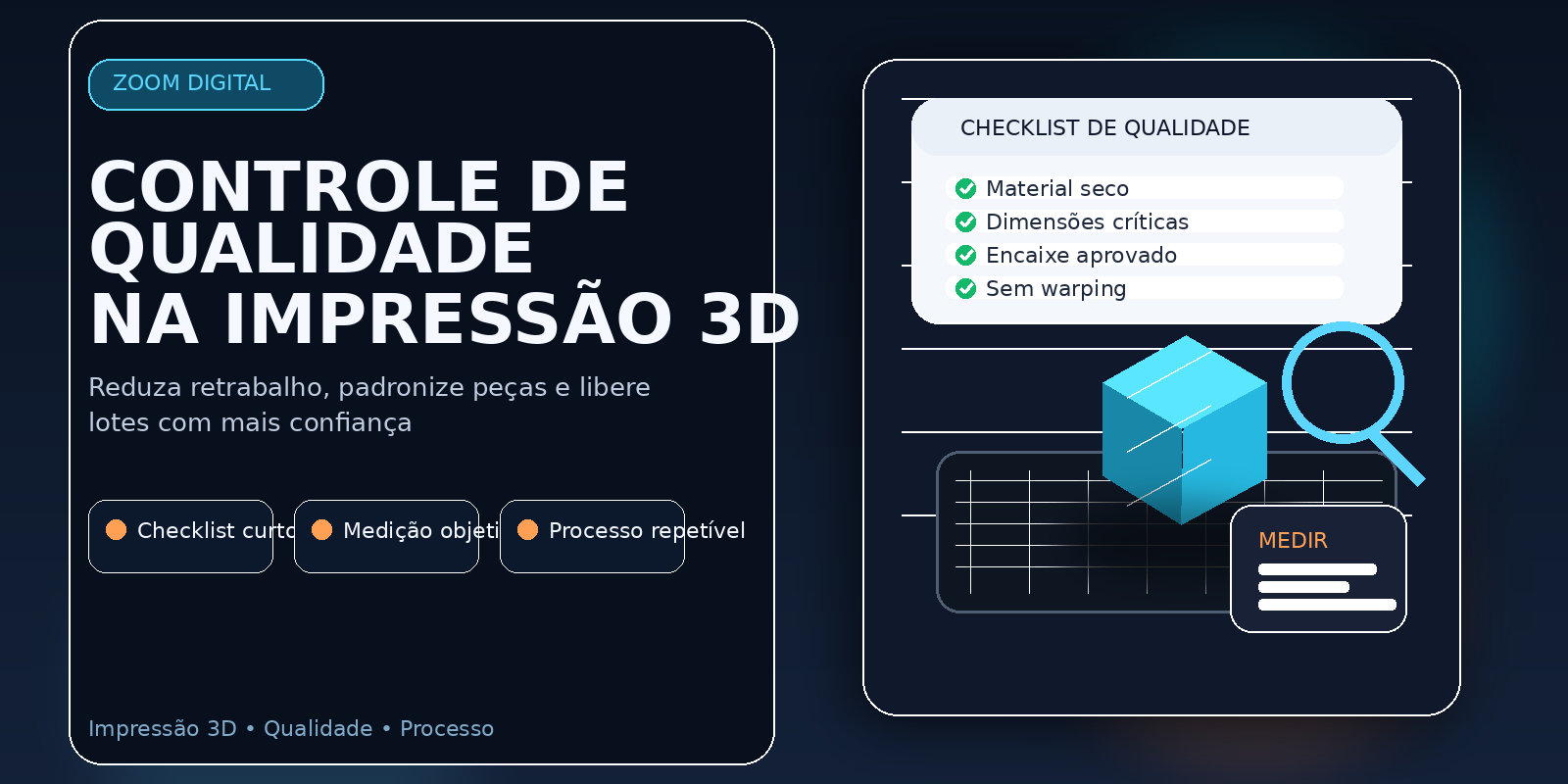 Thumbnail com checklist, cubo 3D e lupa, representando controle de qualidade na impressão 3D