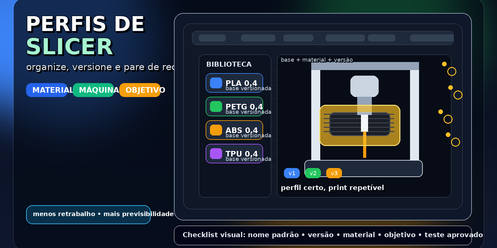 Thumbnail com perfis de slicer e painel de impressão 3D destacando organização de presets por material e versão