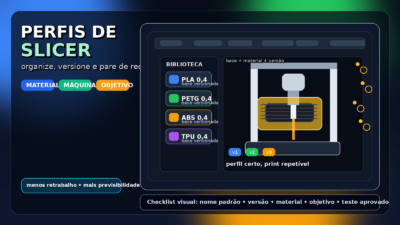 Thumbnail com perfis de slicer e painel de impressão 3D destacando organização de presets por material e versão