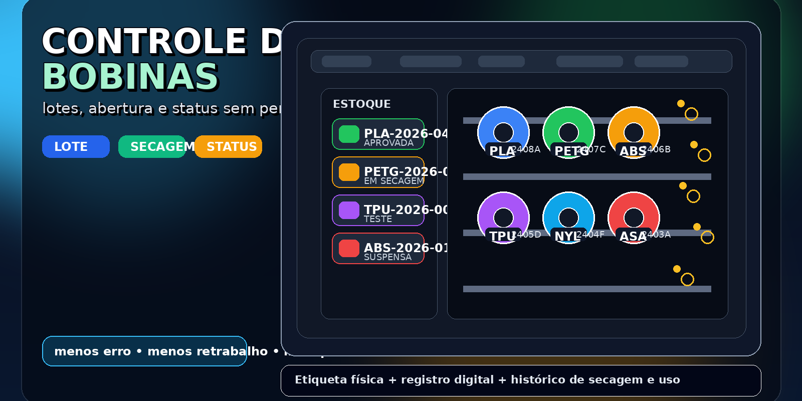 Ilustração de bobinas de filamento organizadas com etiquetas de lote e status para controle de estoque na impressão 3D