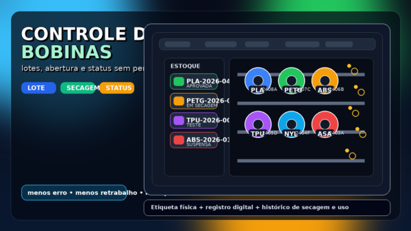 Ilustração de bobinas de filamento organizadas com etiquetas de lote e status para controle de estoque na impressão 3D