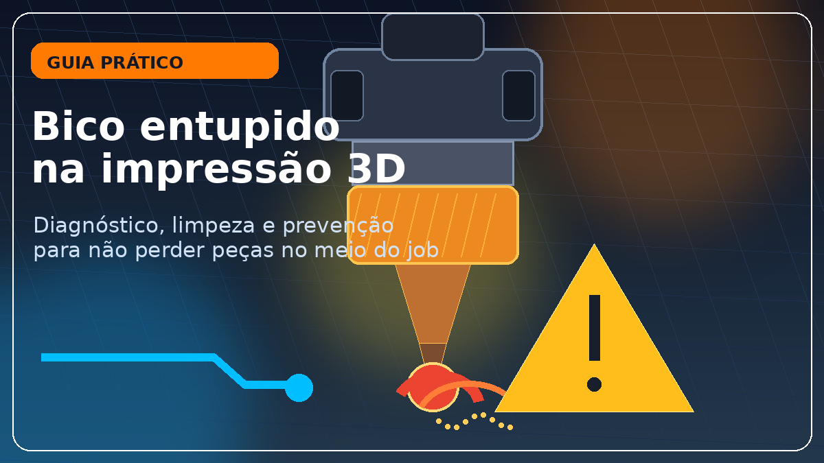 Ilustração de hotend de impressora 3D com bico entupido e alerta de manutenção