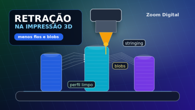 Thumbnail com bico de impressora 3D, torres de teste e fios de stringing ilustrando ajuste de retração na impressão 3D