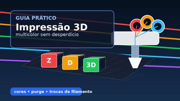 Thumbnail com impressora 3D, blocos coloridos e bobinas representando impressão 3D multicolor