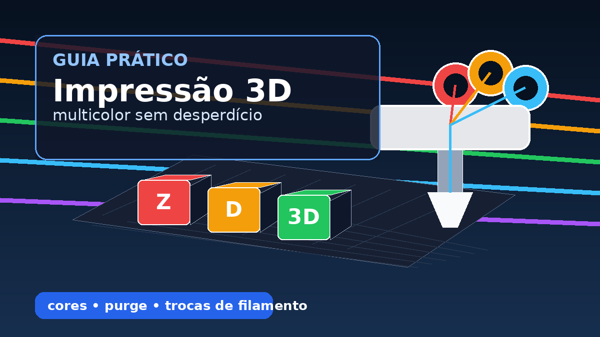 Thumbnail com impressora 3D, blocos coloridos e bobinas representando impressão 3D multicolor