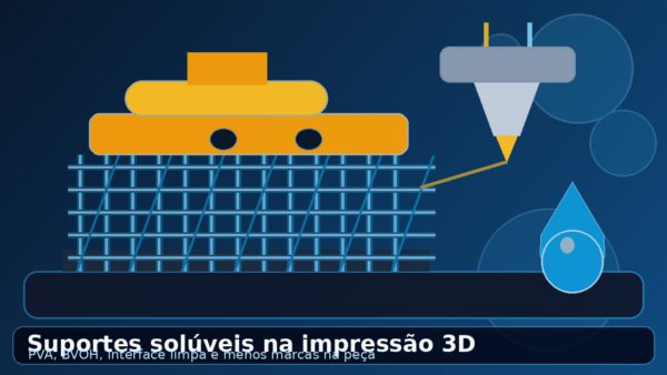 Ilustração de peça impressa em 3D com estrutura de suporte solúvel azul, bico de impressora e gota de água representando PVA e BVOH.