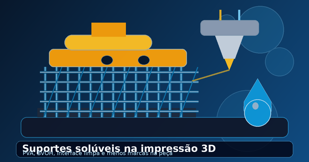 Ilustração de peça impressa em 3D com estrutura de suporte solúvel azul, bico de impressora e gota de água representando PVA e BVOH.
