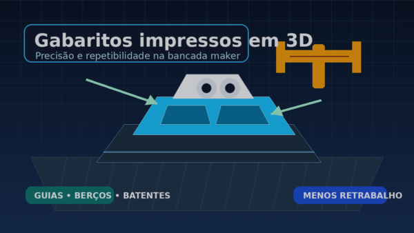 Gabarito impresso em 3D segurando uma peça sobre a mesa de trabalho com paquímetro e guia de furação