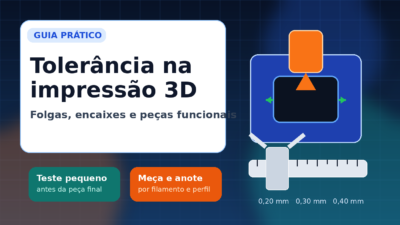 Thumbnail com paquímetro, bloco impresso em 3D e pino ilustrando folgas e tolerância na impressão 3D