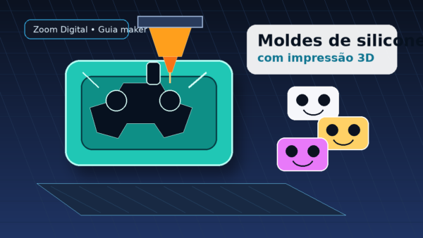 Ilustração de molde de silicone criado a partir de peça impressa em 3D, com bico de impressora e cópias coloridas