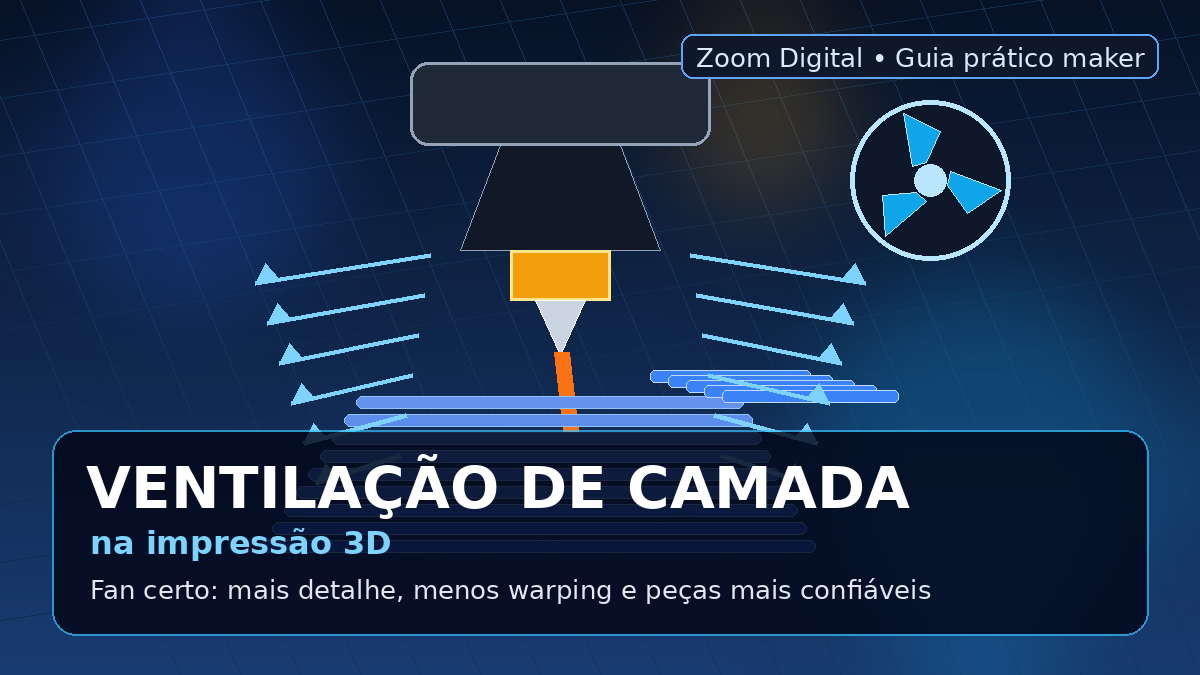Ilustração de bico de impressora 3D aplicando ventilação de camada sobre peça azul, com setas de fluxo de ar e ícone de fan
