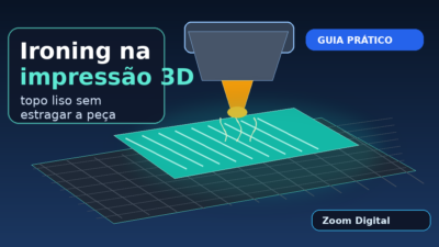 Thumbnail com bico de impressora 3D alisando a superfície superior de uma peça, representando ironing na impressão 3D