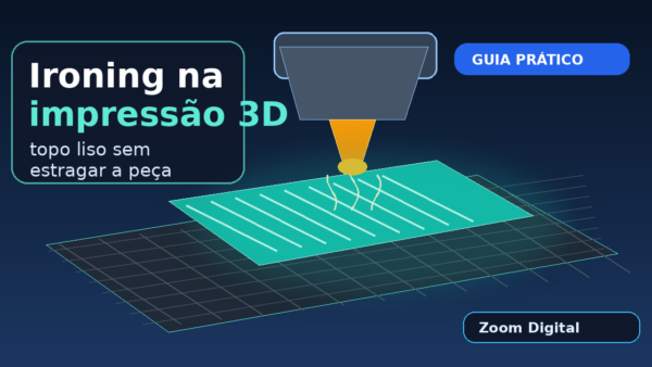 Thumbnail com bico de impressora 3D alisando a superfície superior de uma peça, representando ironing na impressão 3D