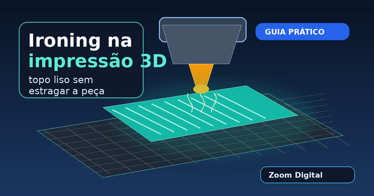 Thumbnail com bico de impressora 3D alisando a superfície superior de uma peça, representando ironing na impressão 3D