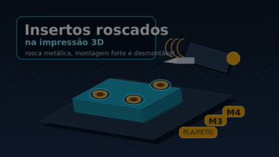 Peça impressa em 3D recebendo insertos roscados de latão com ferramenta térmica