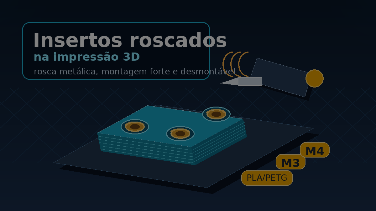 Peça impressa em 3D recebendo insertos roscados de latão com ferramenta térmica