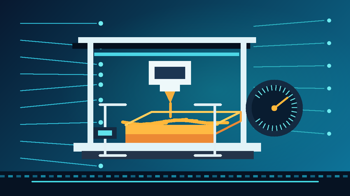 Ilustração de uma impressora 3D calibrando fluxo com parede impressa, paquímetro e medidor de extrusão