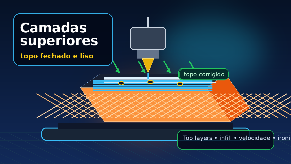 Ilustração de uma impressora 3D fechando camadas superiores sobre o infill para formar um topo liso e resistente