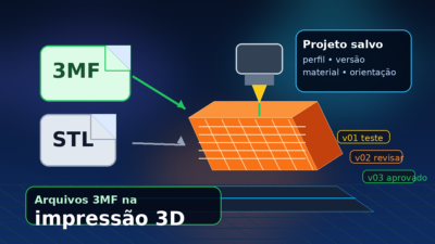 Thumbnail com arquivos STL e 3MF ligados a uma peça 3D, destacando organização de versões e perfis de impressão