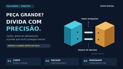 Peças divididas para impressão 3D, com faces de união em azul e amarelo e pinos separados para alinhamento.