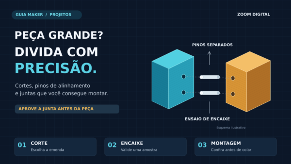 Peças divididas para impressão 3D, com faces de união em azul e amarelo e pinos separados para alinhamento.