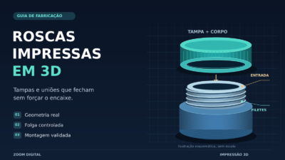 Ilustração de tampa turquesa suspensa sobre um corpo azul com rosca externa, destacando a entrada e os filetes da união impressa em 3D.