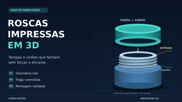 Ilustração de tampa turquesa suspensa sobre um corpo azul com rosca externa, destacando a entrada e os filetes da união impressa em 3D.