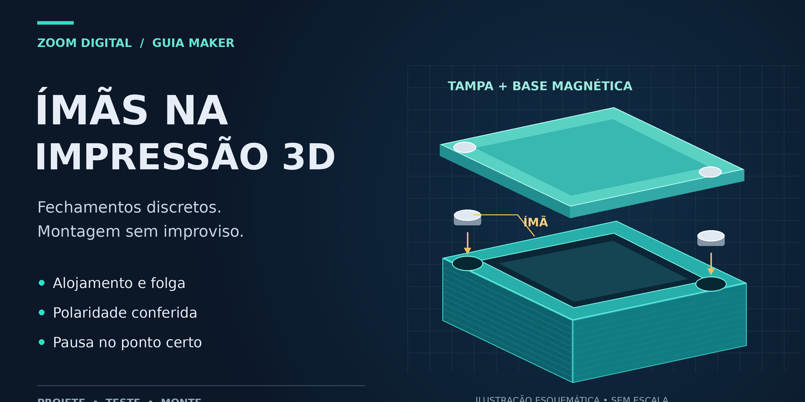 Ilustração em vista explodida de tampa e base impressas em 3D, com ímãs de disco alinhados aos alojamentos e setas de inserção.