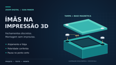 Ilustração em vista explodida de tampa e base impressas em 3D, com ímãs de disco alinhados aos alojamentos e setas de inserção.