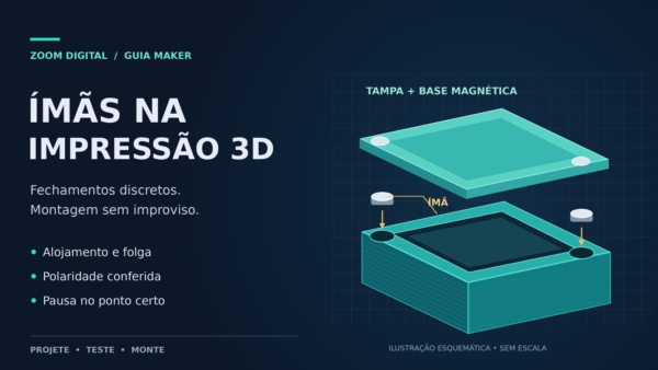 Ilustração em vista explodida de tampa e base impressas em 3D, com ímãs de disco alinhados aos alojamentos e setas de inserção.