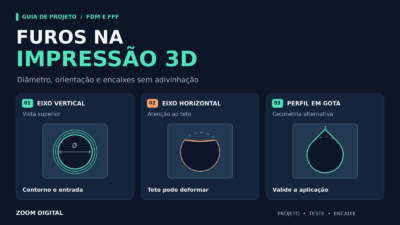 Diagrama técnico comparando um furo de eixo vertical visto de cima, um furo horizontal com teto deformado e um perfil em gota para impressão 3D.