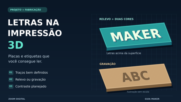 Ilustração de duas placas impressas em 3D: uma turquesa com a palavra MAKER em relevo claro e outra bege com as letras ABC gravadas na superfície.